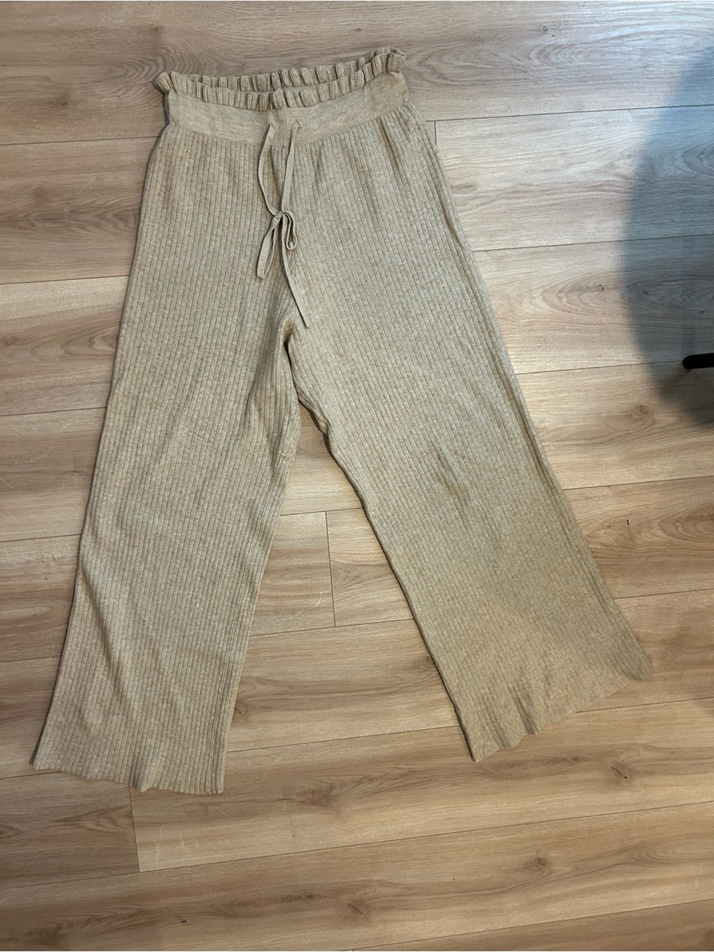 RD Style Ribbed Drawstring Wide-Leg Pants - Tan/Cream